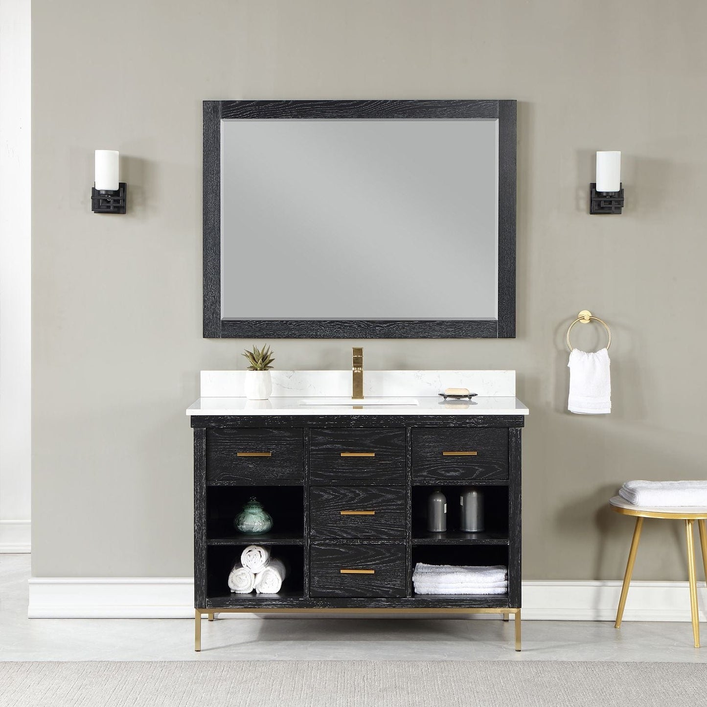 Altair 545048-BO-AW Kesia 48" Single Bathroom Vanity Set in Black Oak with Carrara White Composite Stone Countertop with Mirror