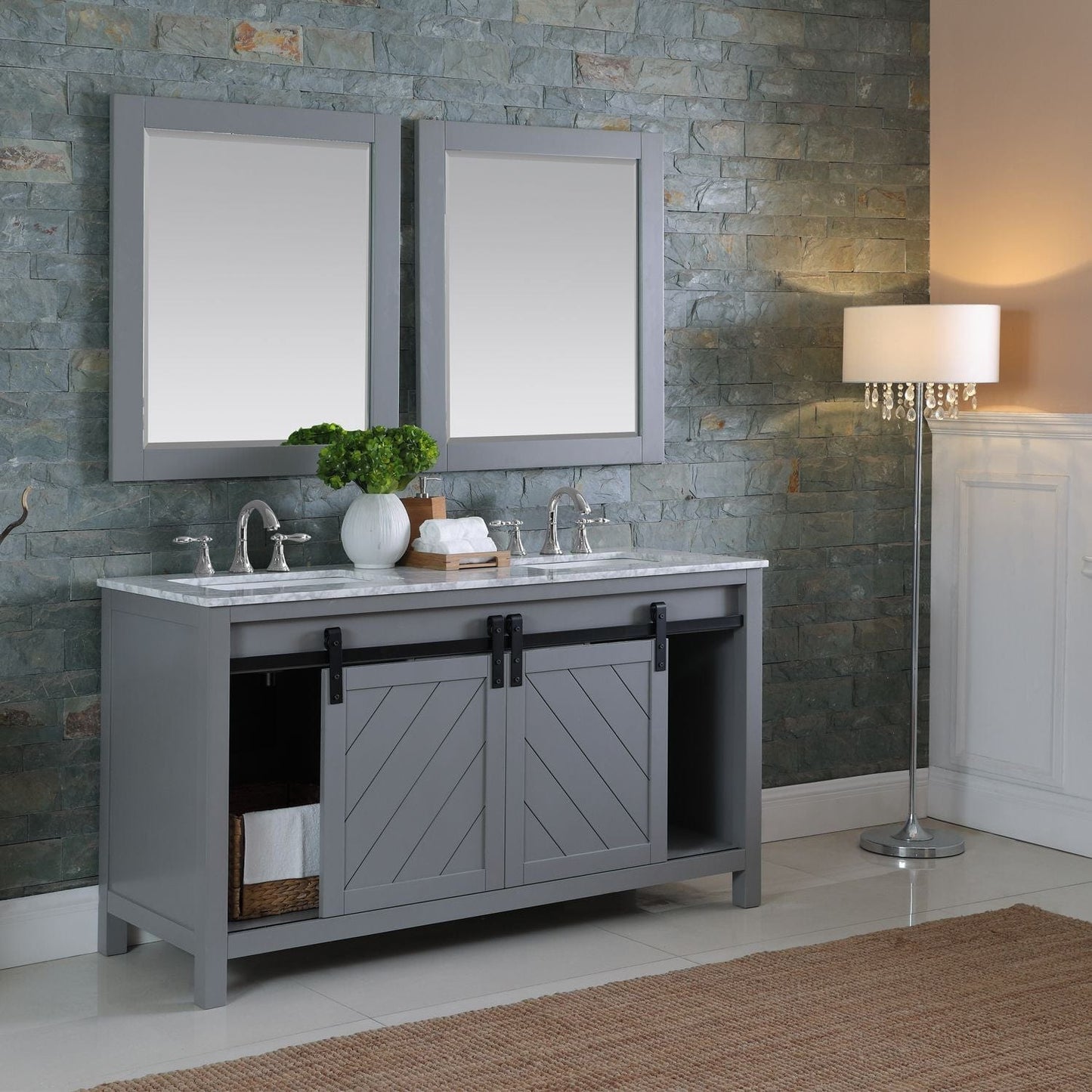 Altair Kinsley 60" Double Bathroom Vanity Set in Gray and Carrara White Marble Countertop with Mirror