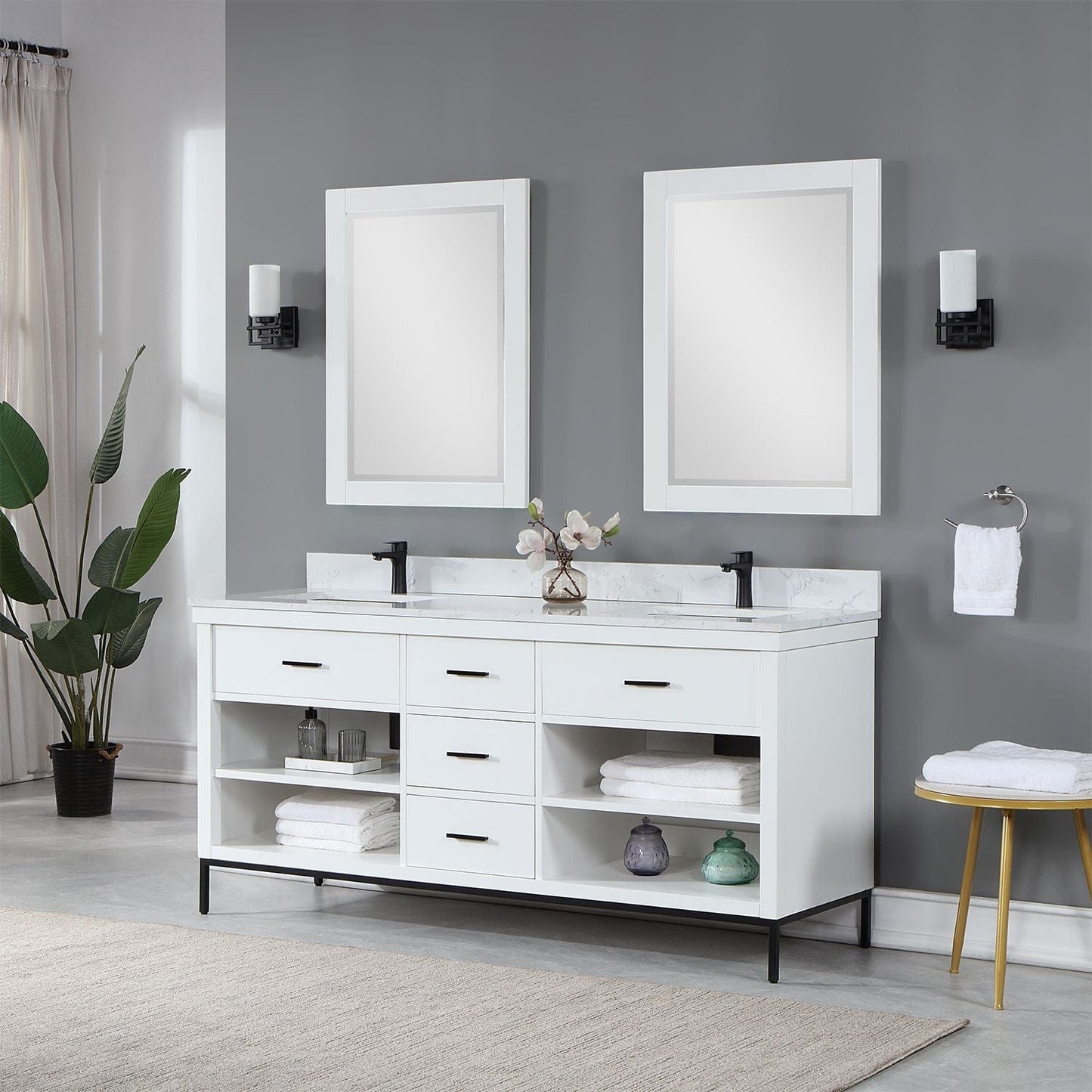 Altair 545072-WH-AW Kesia 72" Double Bathroom Vanity Set in White with Carrara White Composite Stone Countertop with Mirror