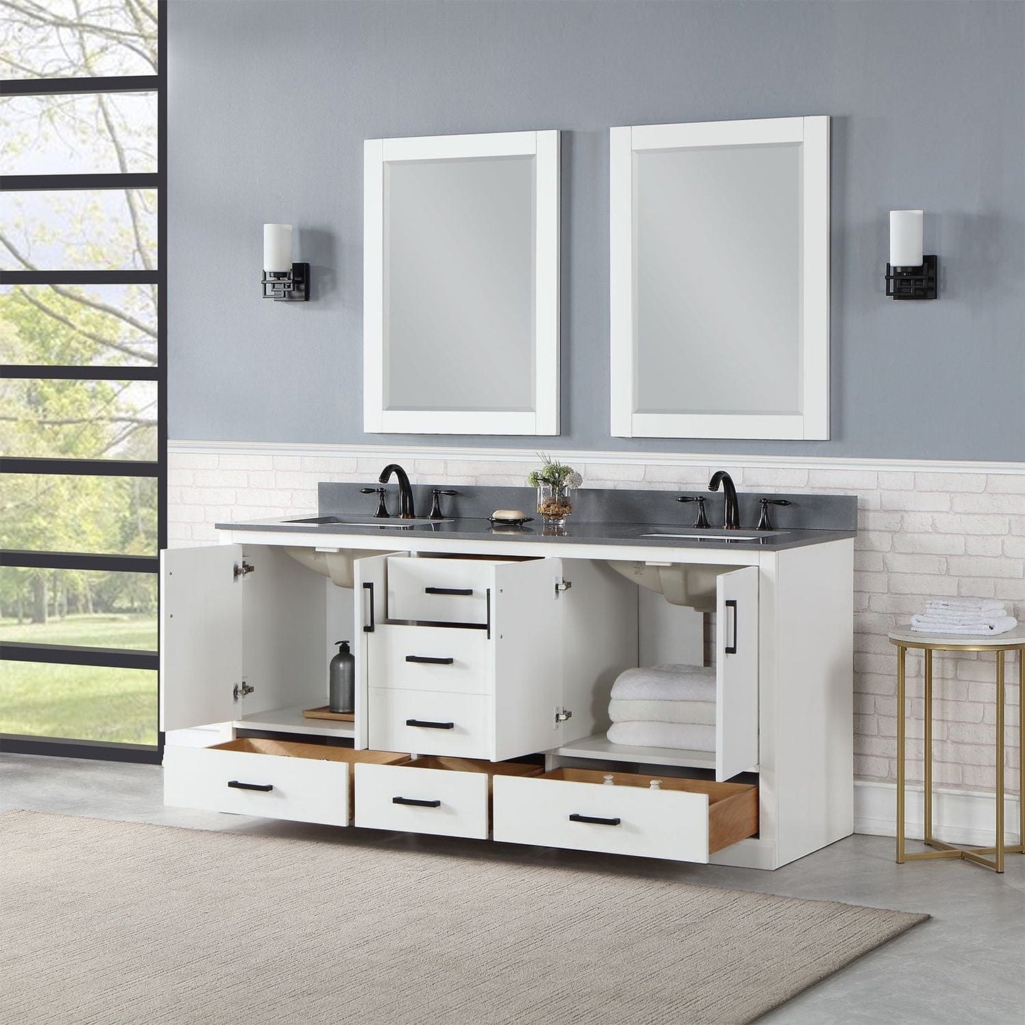 Altair 544072-WH-CG Monna 72" Double Bathroom Vanity Set in White with Concrete Grey Composite Stone Countertop with Mirror