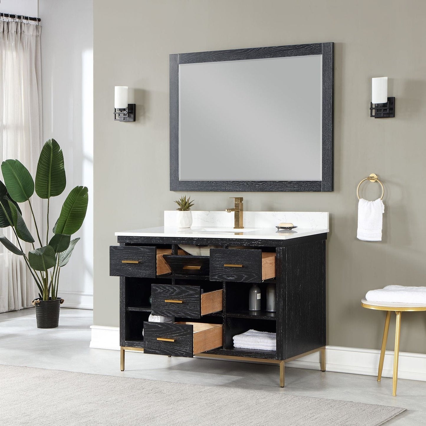 Altair 545048-BO-AW Kesia 48" Single Bathroom Vanity Set in Black Oak with Carrara White Composite Stone Countertop with Mirror