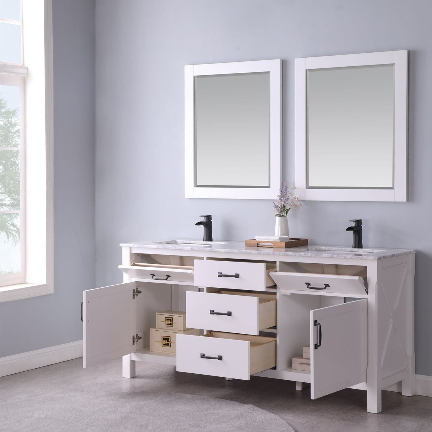 Altair 535072-WH-CA-NM Maribella 72 Inch Double Bathroom Vanity with Carrara White Marble Countertop, White