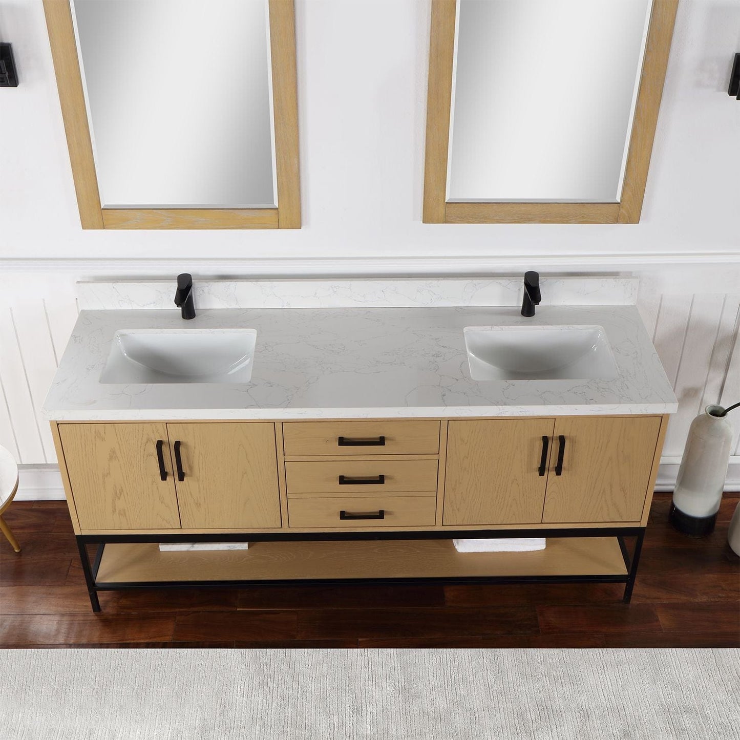 Altair 546072-WO-GW Wildy 72" Double Bathroom Vanity Set in Washed Oak with Grain White Composite Stone Countertop with Mirror