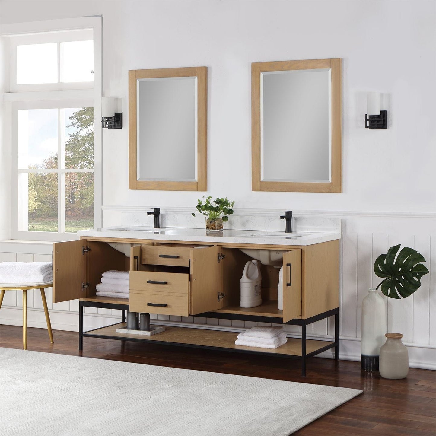 Altair 546072-WO-GW Wildy 72" Double Bathroom Vanity Set in Washed Oak with Grain White Composite Stone Countertop with Mirror