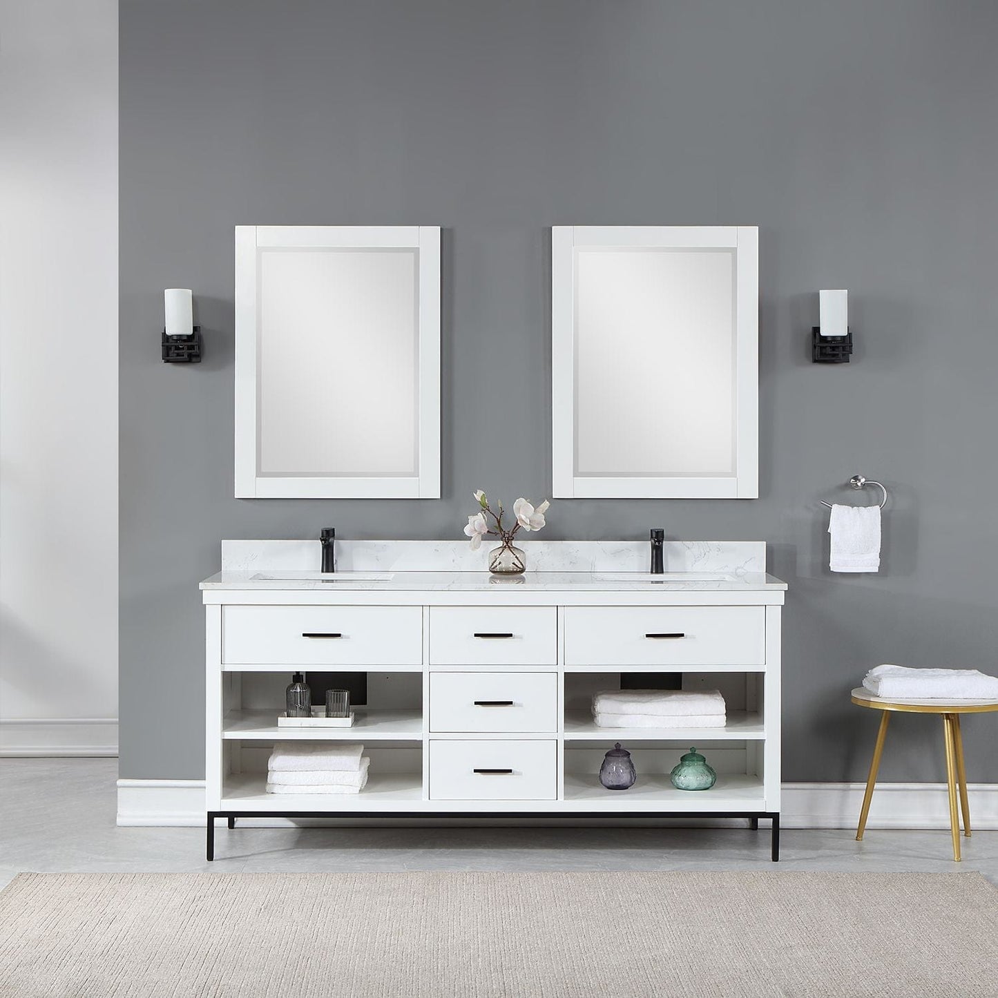 Altair 545072-WH-AW Kesia 72" Double Bathroom Vanity Set in White with Carrara White Composite Stone Countertop with Mirror