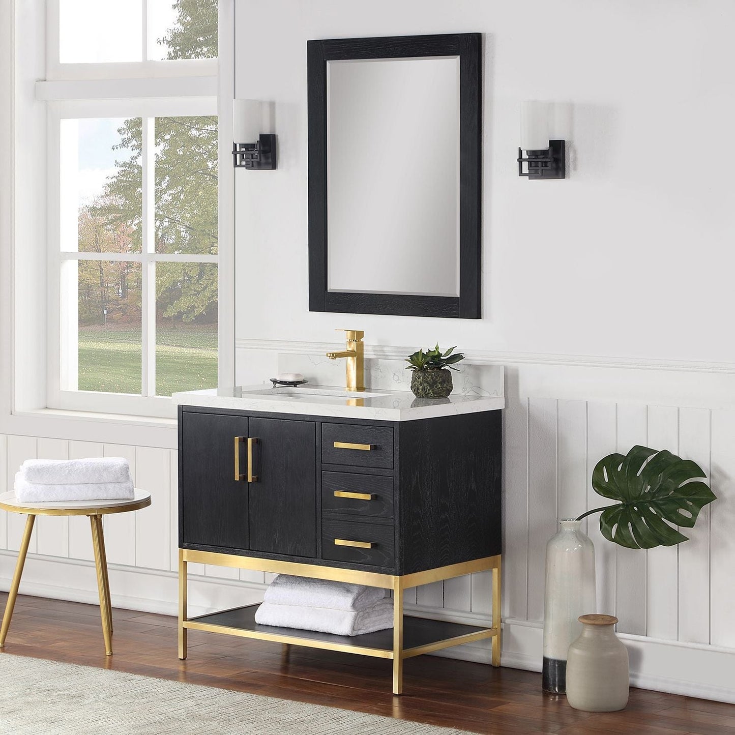 Altair 546036-BO-GW Wildy 36" Single Bathroom Vanity Set in Black Oak with Grain White Composite Stone Countertop with Mirror