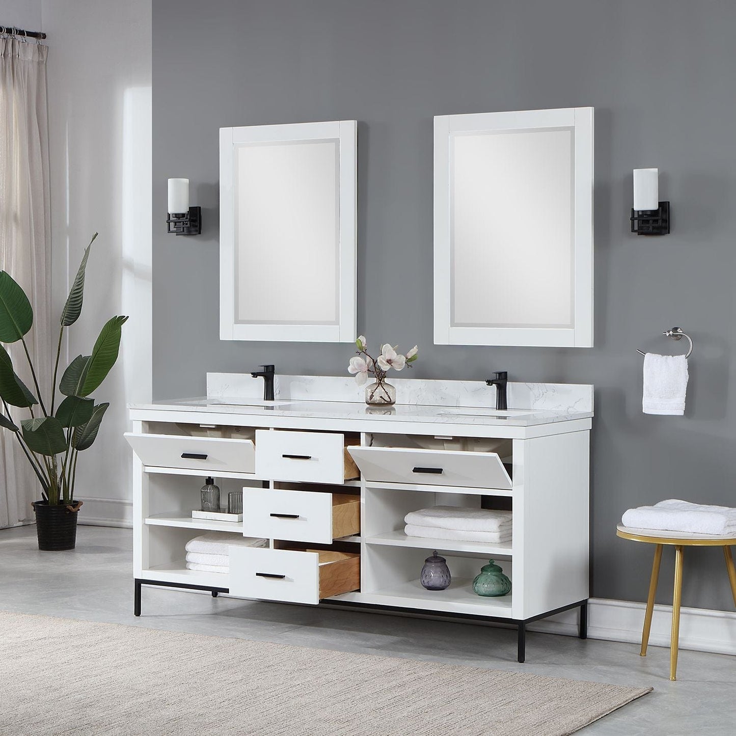 Altair 545072-WH-AW Kesia 72" Double Bathroom Vanity Set in White with Carrara White Composite Stone Countertop with Mirror