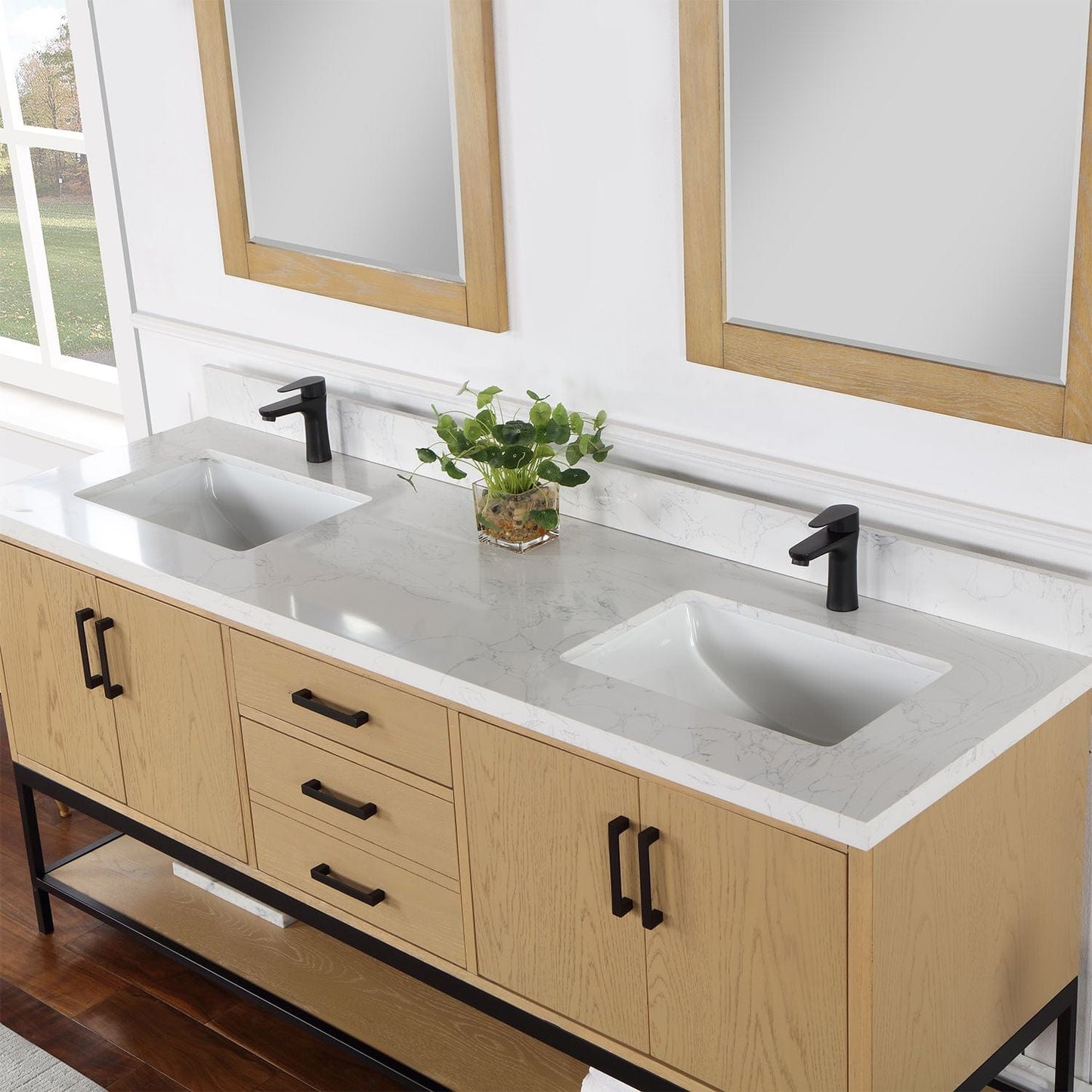 Altair 546072-WO-GW Wildy 72" Double Bathroom Vanity Set in Washed Oak with Grain White Composite Stone Countertop with Mirror