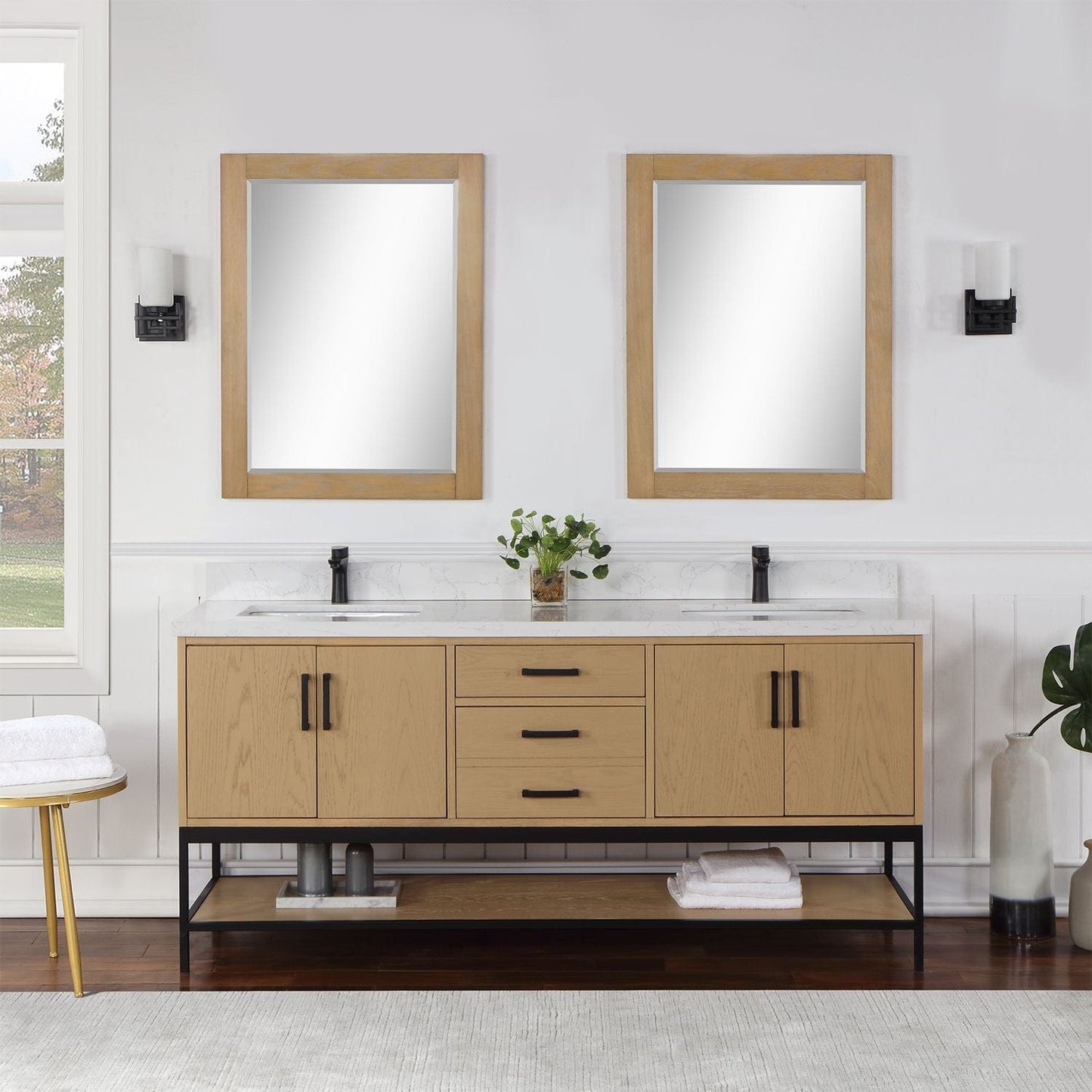 Altair 546072-WO-GW Wildy 72" Double Bathroom Vanity Set in Washed Oak with Grain White Composite Stone Countertop with Mirror