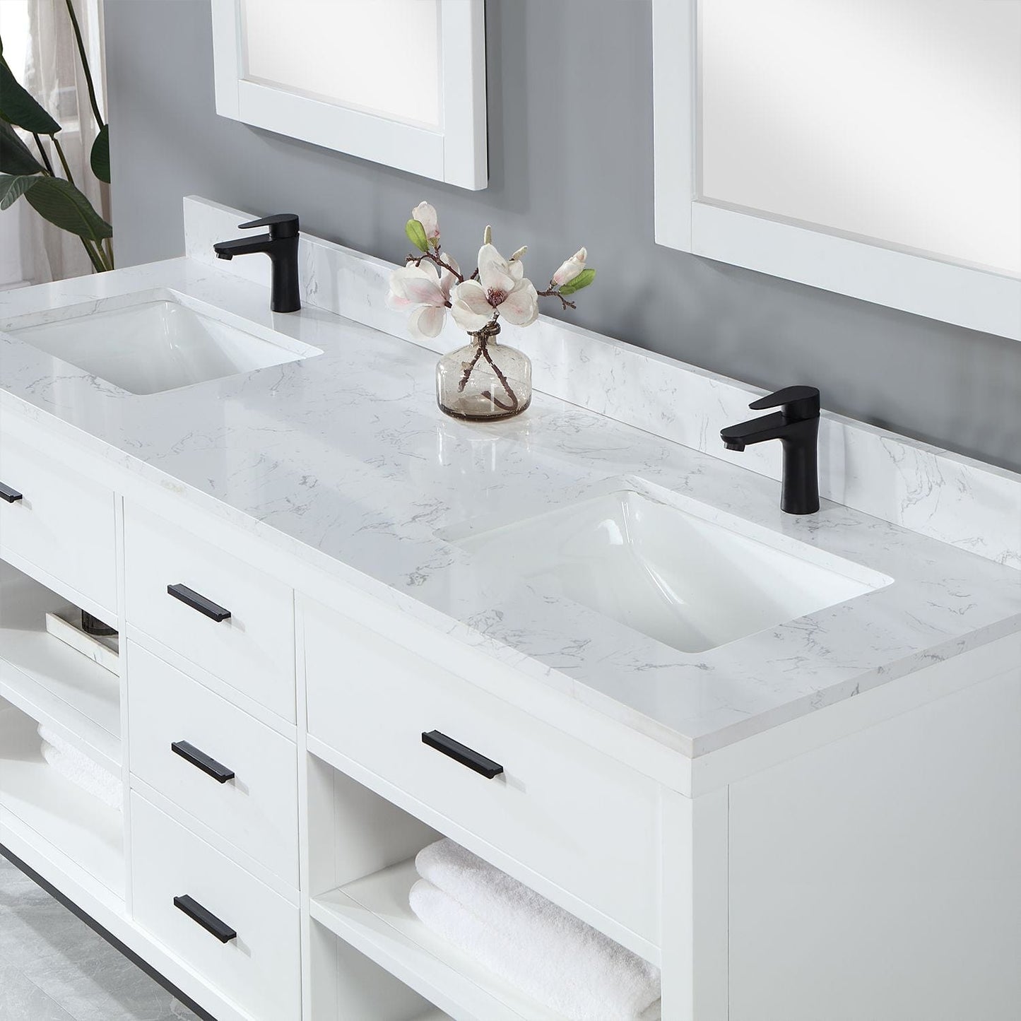 Altair 545072-WH-AW Kesia 72" Double Bathroom Vanity Set in White with Carrara White Composite Stone Countertop with Mirror