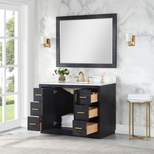 Altair 543048-BO-GW Gazsi 48" Single Bathroom Vanity Set in Black Oak with Grain White Composite Stone Countertop with Mirror