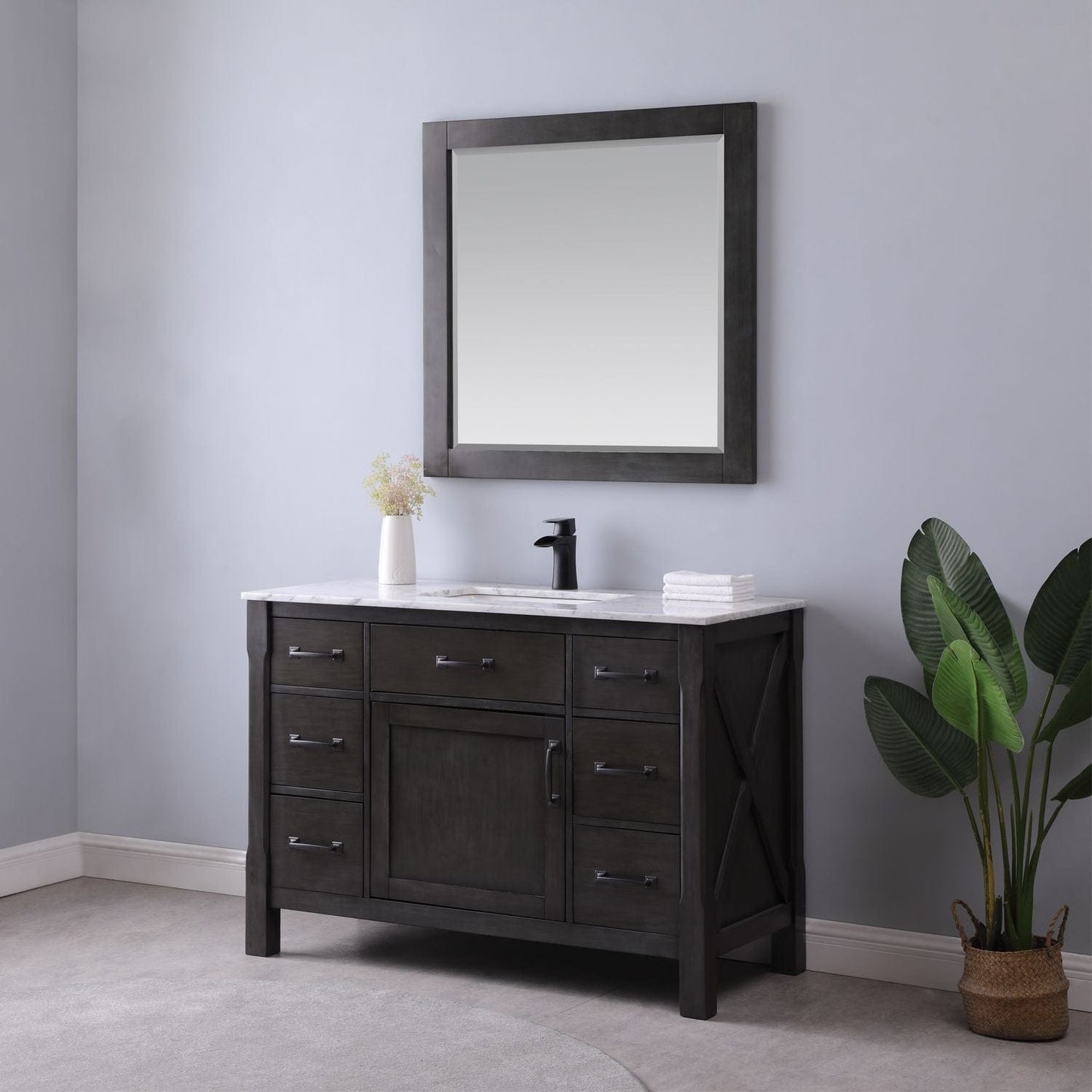 Altair Maribella 48" Single Bathroom Vanity Set in Rust Black and Carrara White Marble Countertop with Mirror